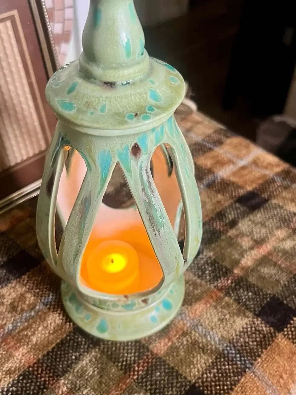 Vintage Mid-Century Modern Green Drip Glaze Ceramic Candle Lantern